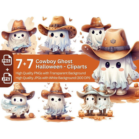 Cowboy Ghost Clipart 7+7 PNG/JPG Bundle Halloween - Everything Pixel