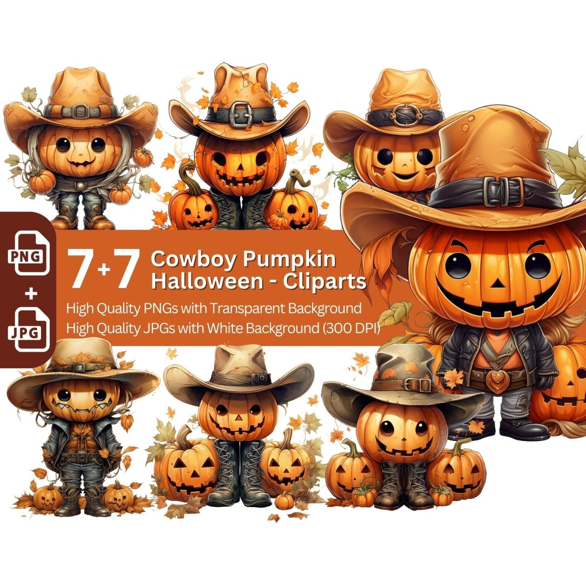 Cowboy Pumpkin Clipart 7+7 PNG/JPG Bundle Halloween - Everything Pixel