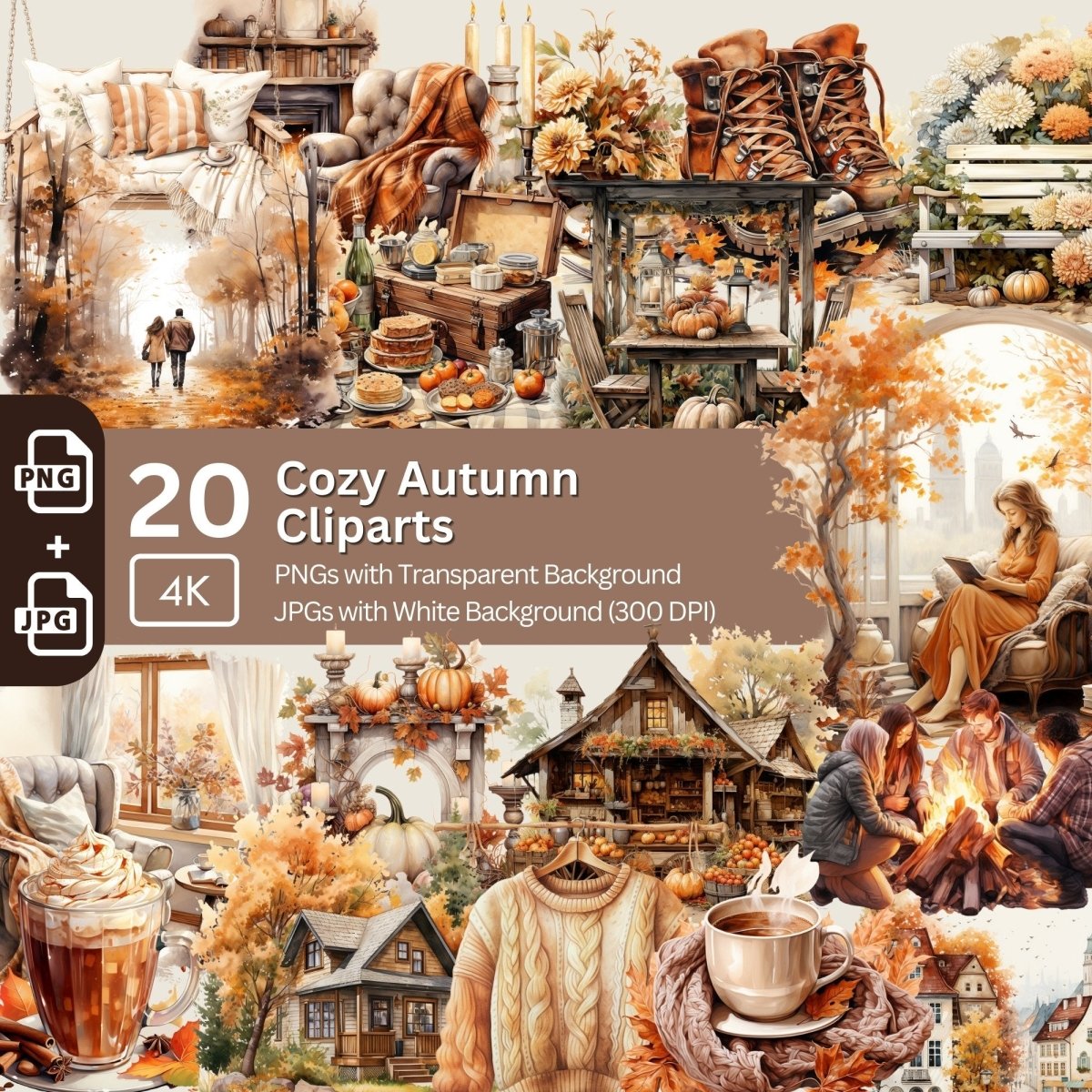 Cozy Autumn Clipart 20+20 PNG JPG Bundle Fall Graphics Hygge - Everything Pixel