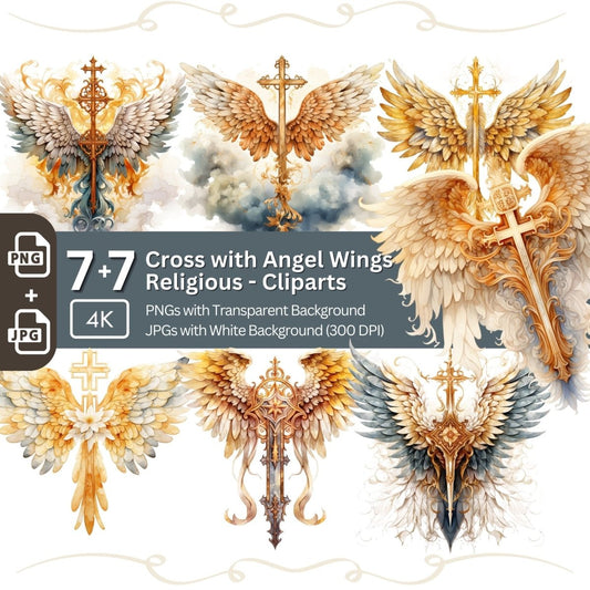 Cross with Angel Wings Clipart 7+7 PNG JPG Bundle Religious Artwork - Everything Pixel