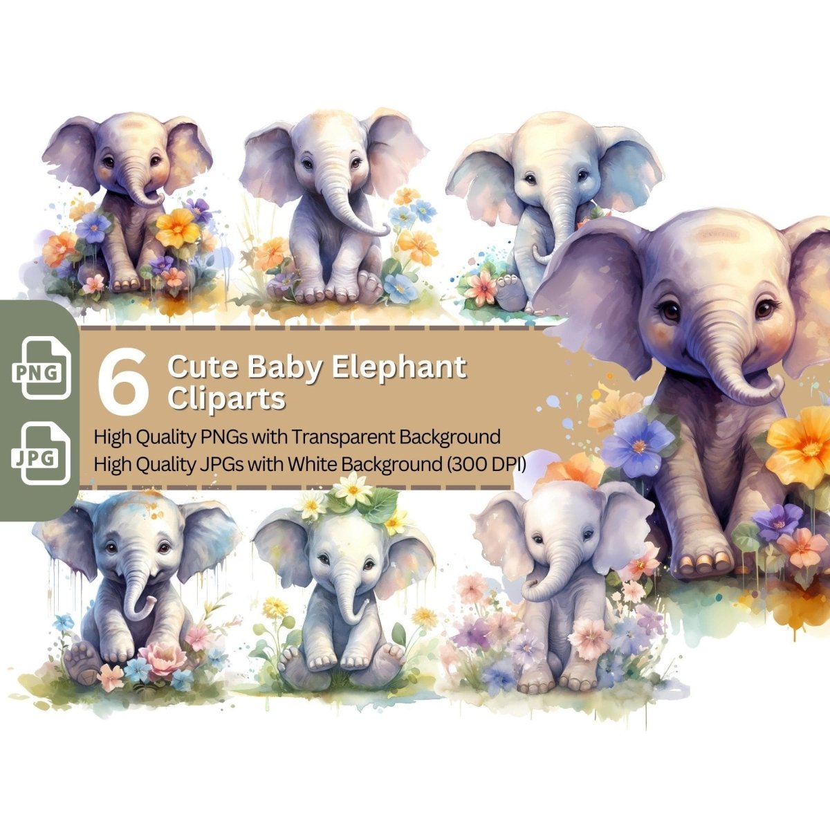 Cute Baby Elephant 6+6 PNG Clip Art Bundle Sublimation & Clipart - Everything Pixel