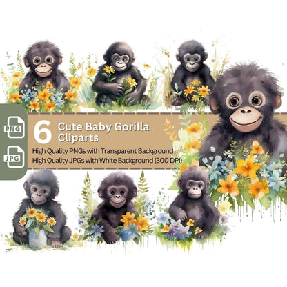 Cute Baby Gorilla 6+6 PNG Clip Art Bundle Sublimation & Clipart - Everything Pixel