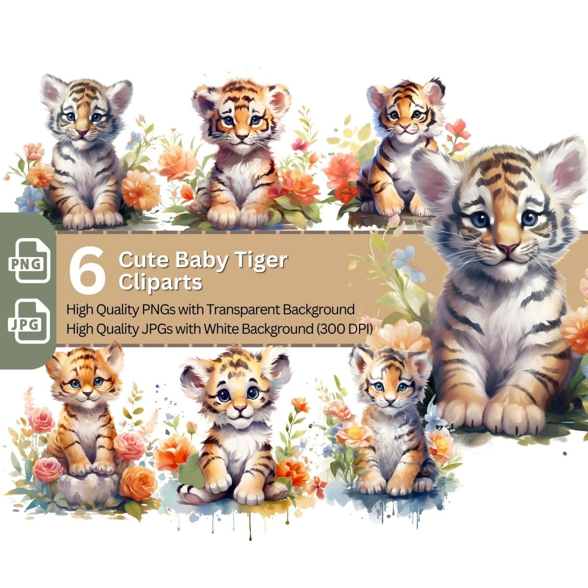 Cute Baby Tiger 6+6 PNG Clip Art Bundle Sublimation & Clipart - Everything Pixel