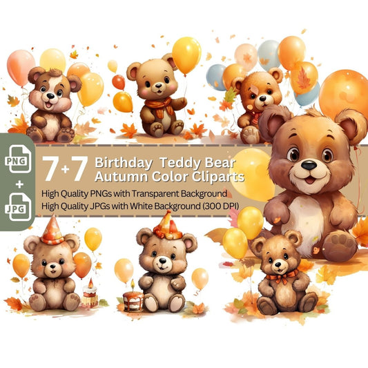 Cute Birthday Teddy Bear in Autumn Colors 7+7 PNG Clip Art Bundle - Everything Pixel