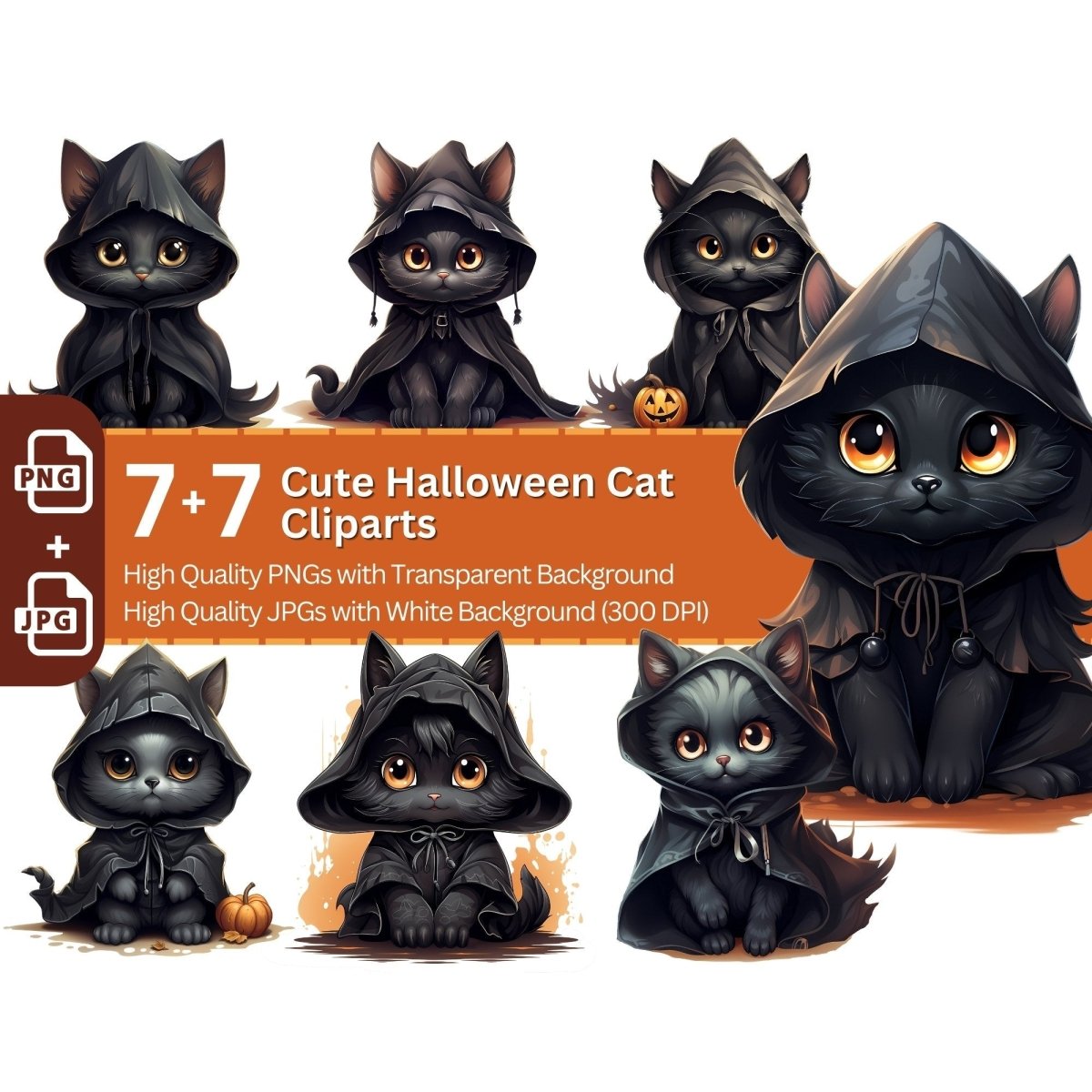 Cute Black Cat 7+7 PNG Clip Art Bundle Halloween - Everything Pixel