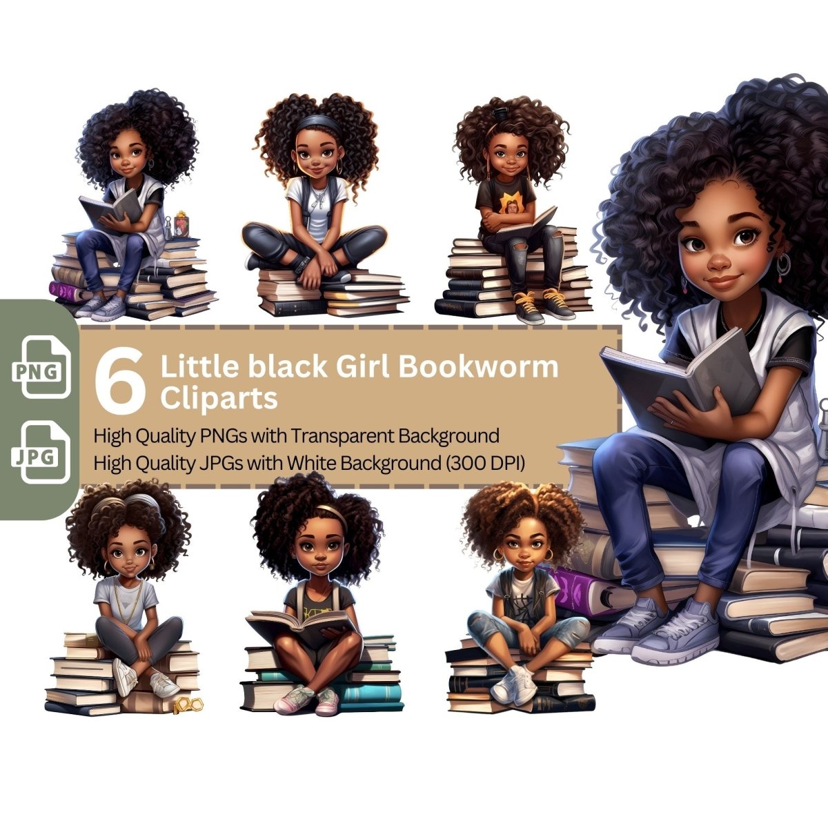 Cute Black Girl Bookworm 6+6 PNG Clip Art Bundle for Book Lovers - Everything Pixel