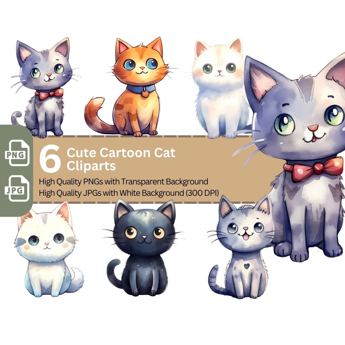 Cute Cartoon Cat 6+6 PNG Clip Art Bundle - Everything Pixel