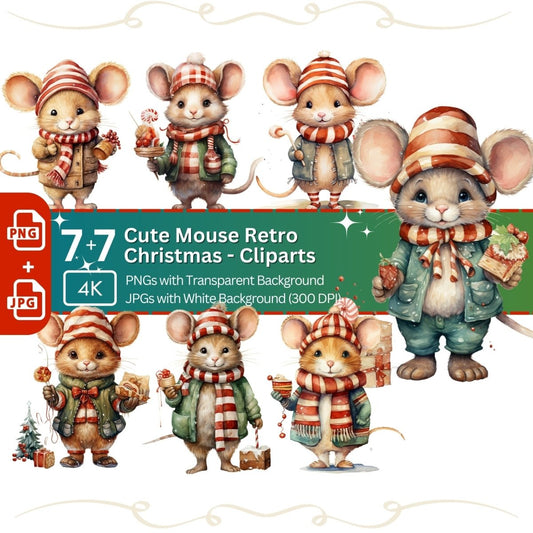 Cute Christmas Mouse 7+7 PNG JPG Bundle Festive Animal Clipart - Everything Pixel