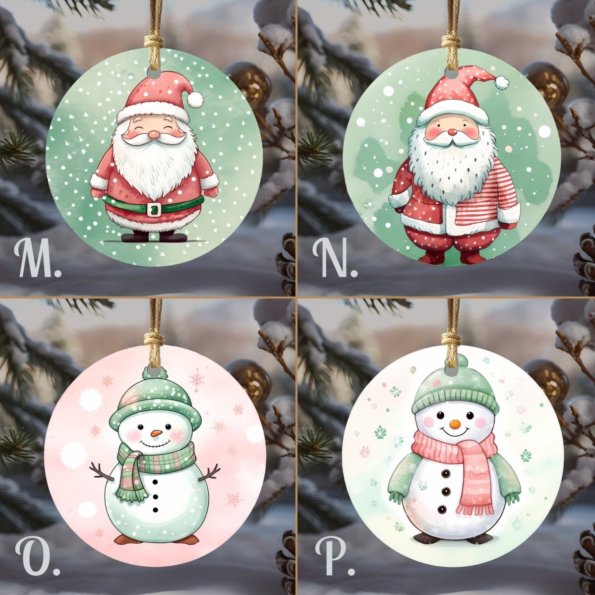 Cute Christmas Ornaments Set of 20 Round Ceramic Ornaments Printed Cute Animal Motifs Pink Mint Festive Christmas Tree Decoration - Everything Pixel