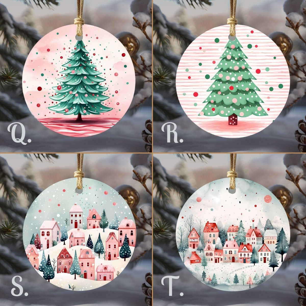 Cute Christmas Ornaments Set of 20 Round Ceramic Ornaments Printed Cute Animal Motifs Pink Mint Festive Christmas Tree Decoration - Everything Pixel