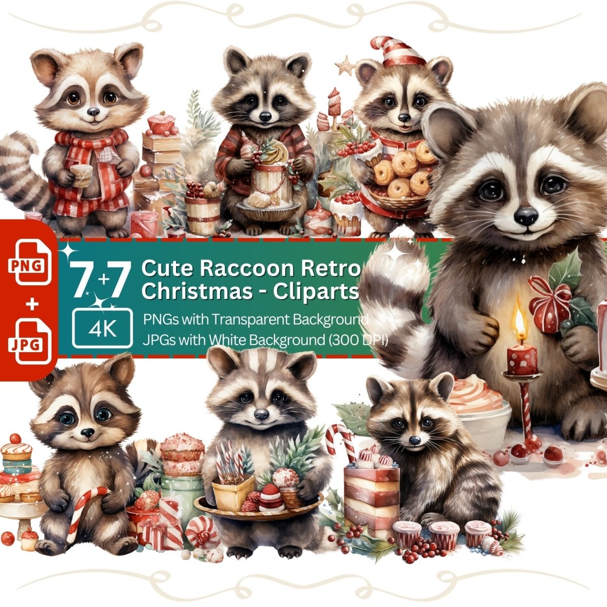 Cute Christmas Raccoon 7x PNG Clipart Bundle Festive Animal Clipart - Everything Pixel
