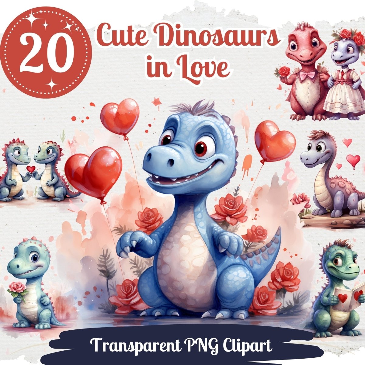 Cute Dinosaur in Love Cliparts 20 PNG Bundle Children Valentines Day Set Card Crafting Junk Journal Kit for Classrooms Watercolor Baby Dino - Everything Pixel