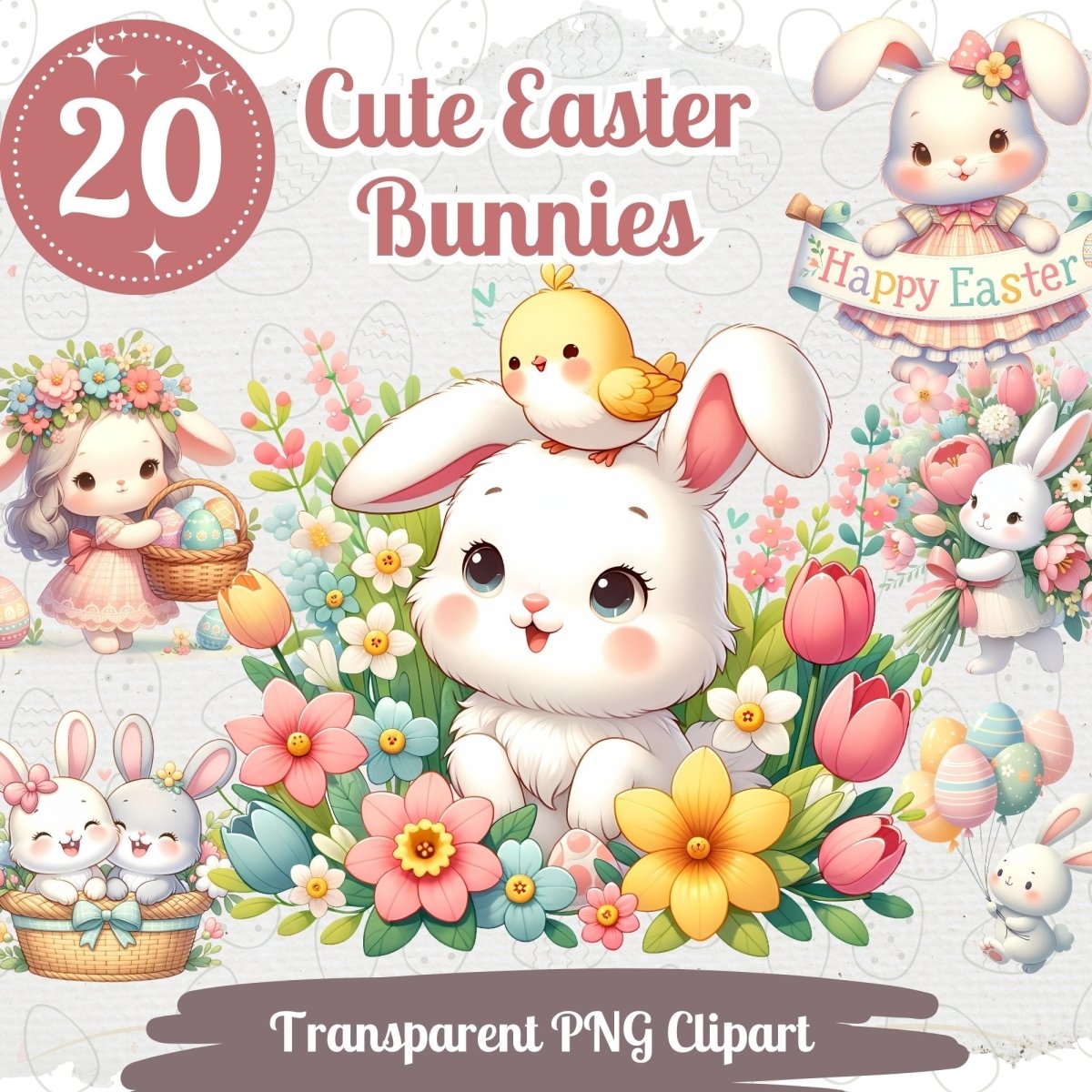 Cute Easter Bunny Cliparts 20 PNG Bundle Lovely Pastel Easter Bunnies Card Crafting Junk Journal Kit Happy Easter Spring Graphic - Everything Pixel