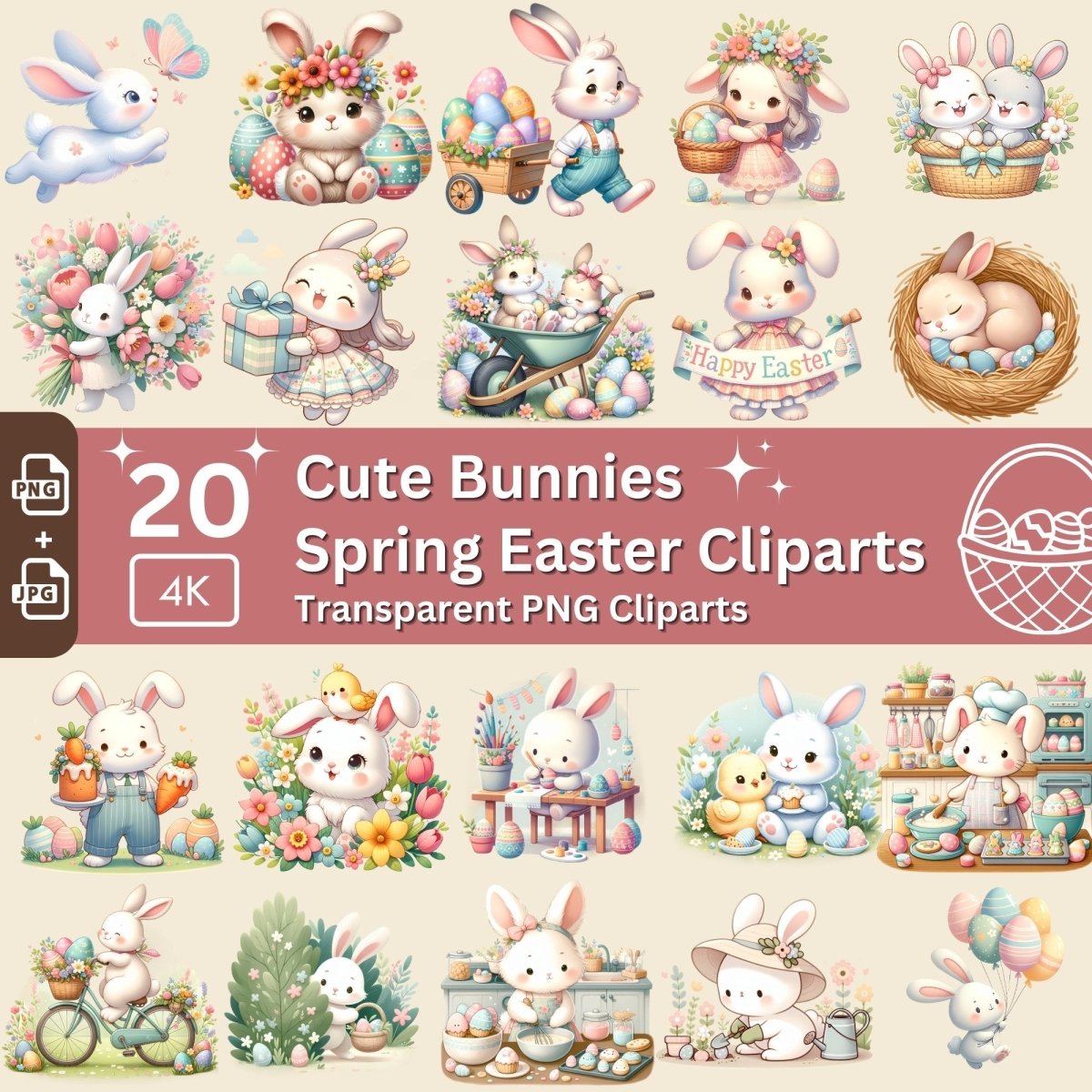 Cute Easter Bunny Cliparts 20 PNG Bundle Lovely Pastel Easter Bunnies Card Crafting Junk Journal Kit Happy Easter Spring Graphic - Everything Pixel