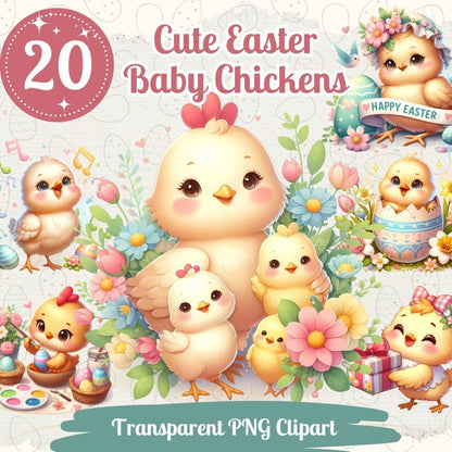 Cute Easter Chicken Cliparts 20 PNG Bundle Lovely Pastel Easter Baby Chickens Card Crafting Junk Journal Kit Happy Easter Spring Graphic - Everything Pixel