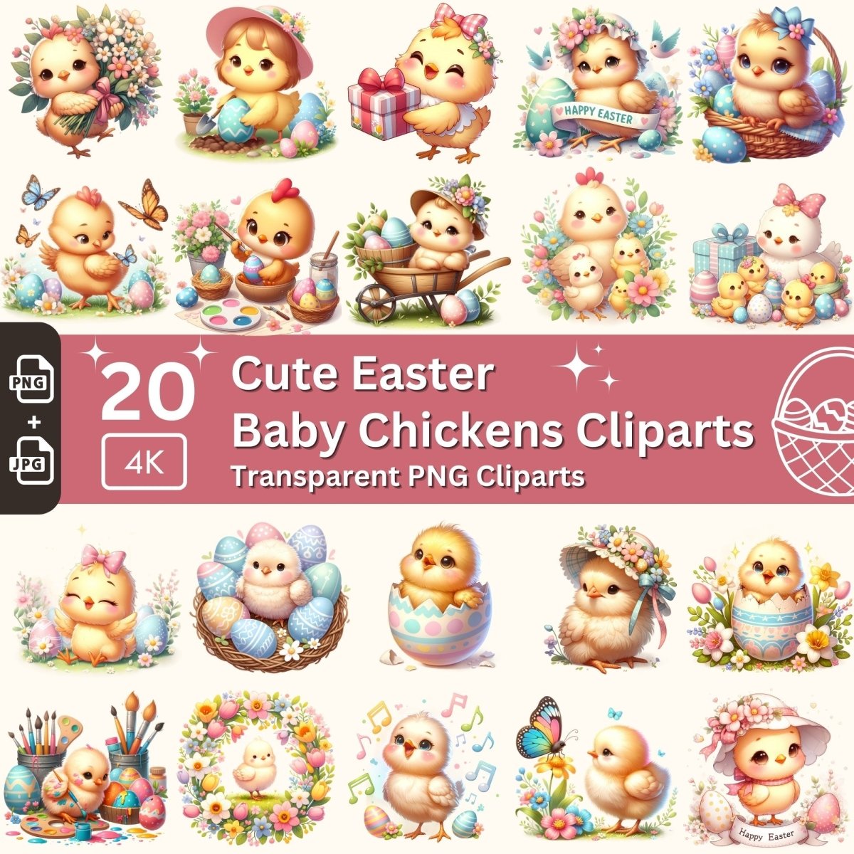Cute Easter Chicken Cliparts 20 PNG Bundle Lovely Pastel Easter Baby Chickens Card Crafting Junk Journal Kit Happy Easter Spring Graphic - Everything Pixel