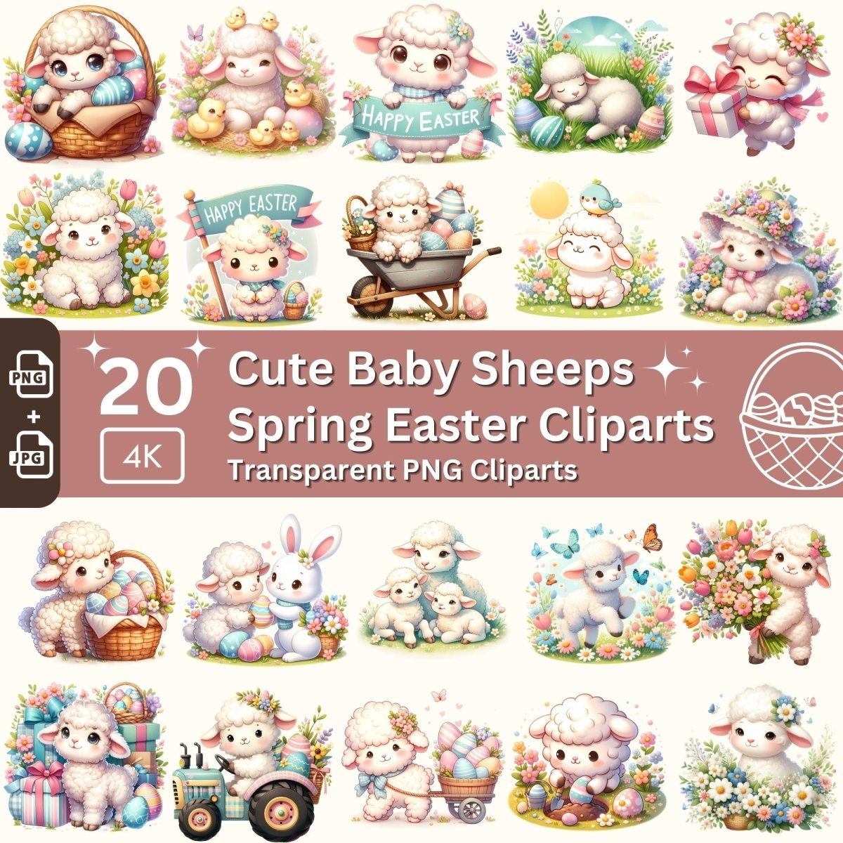 Cute Easter Lamb Cliparts 20 PNG Bundle Lovely Pastel Easter Baby Sheeps Card Crafting Junk Journal Kit Happy Easter Spring Graphic - Everything Pixel