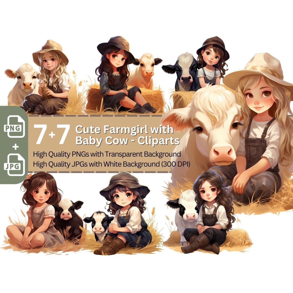 Cute Farmgirl with Baby Cow 7+7 PNG Clip Art Bundle for Animal Lovers - Everything Pixel