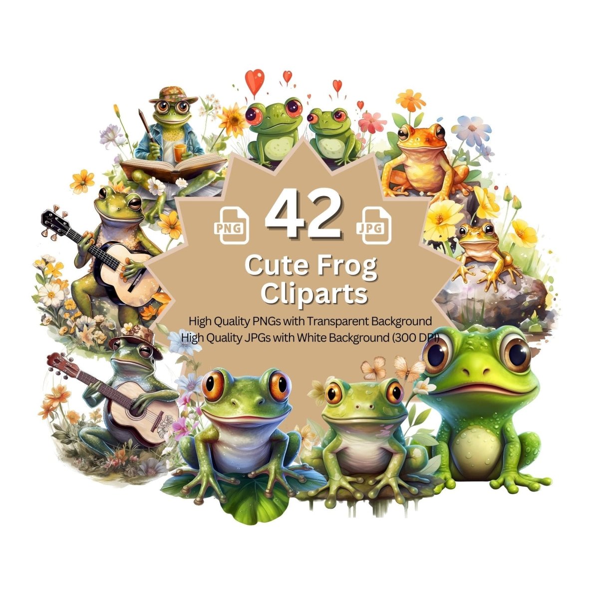 Cute Frogs Megabundle 42+42 High Quality PNGs Frog in different Scenes Clipart - Everything Pixel