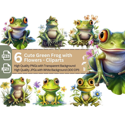Cute Frogs with Flowers 6+6 PNG Clip Art Bundle - Everything Pixel