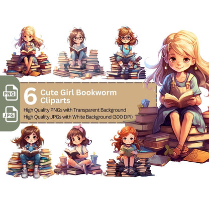 Cute Girl Bookworm 6+6 PNG Clip Art Bundle for Book Lovers - Everything Pixel