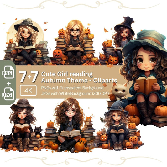 Cute Girl reading Clipart 7+7 PNG/JPG Bundle Halloween Story - Everything Pixel