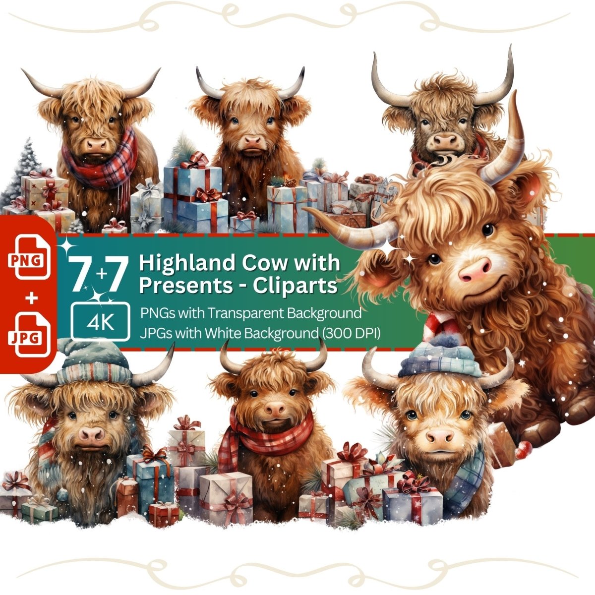 Cute Highland Cow with Gifts Clipart 7+7 PNG JPG Cute Christmas - Everything Pixel