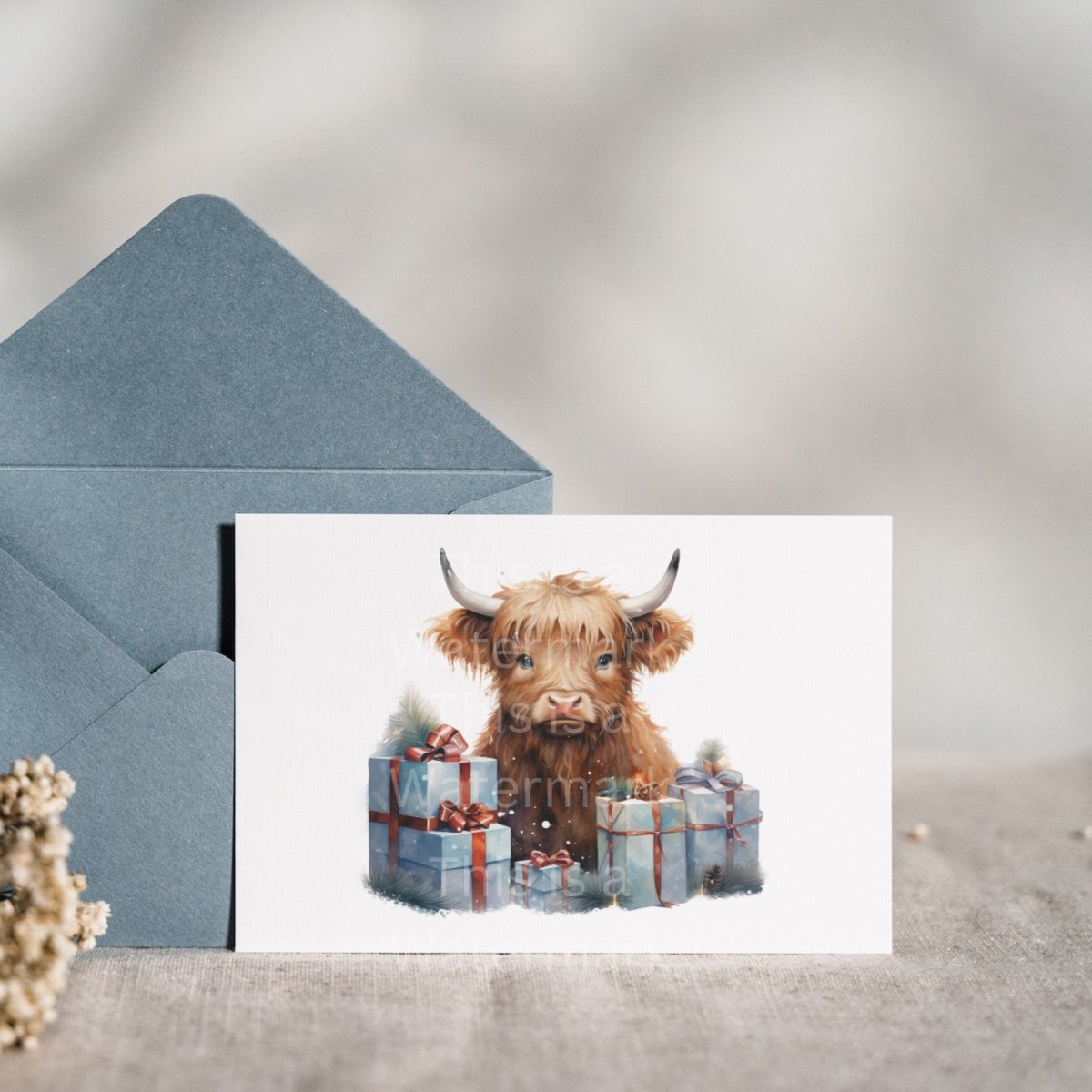 Cute Highland Cow with Gifts Clipart 7+7 PNG JPG Cute Christmas Invitation Card Graphic Paper Crafting Artwork T-Shirt Sublimation Design - Everything Pixel
