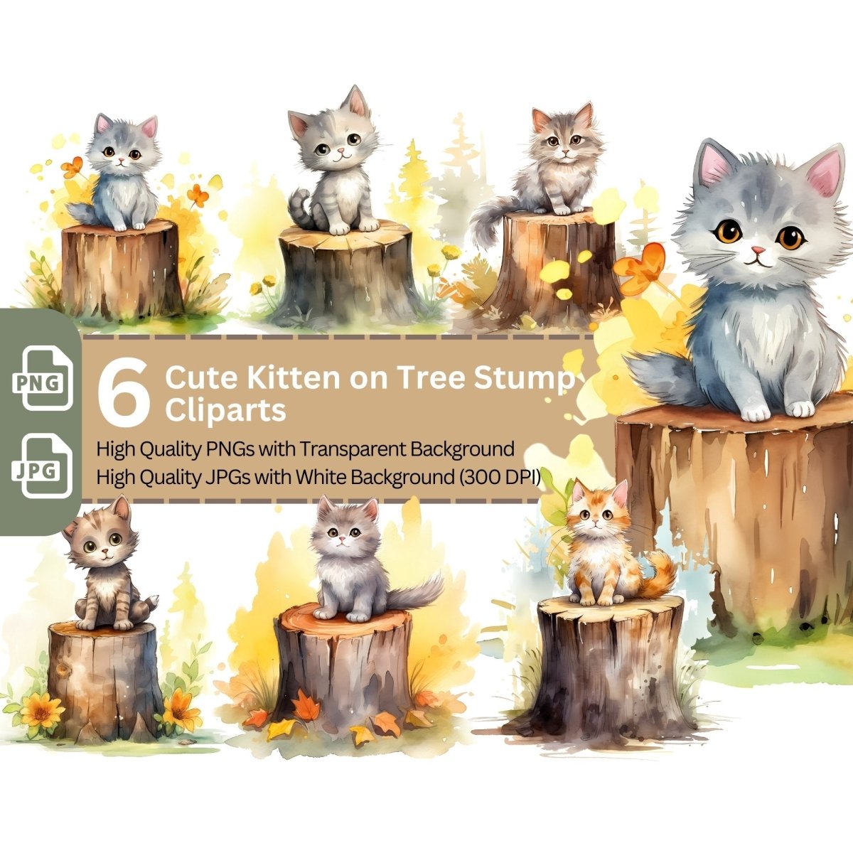 Cute Kitten on Tree Stump 6+6 PNG Clip Art Bundle - Everything Pixel