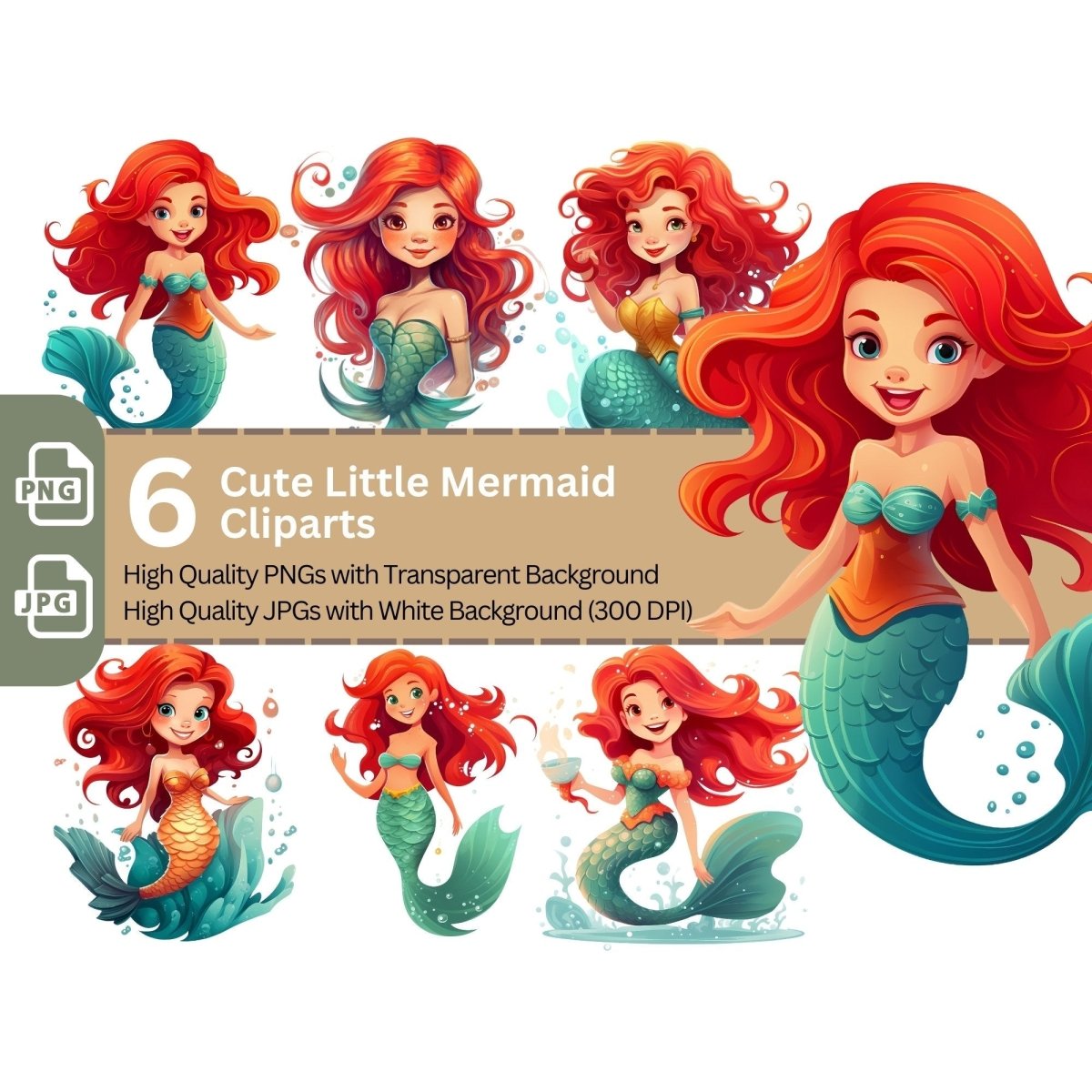 Cute Little Mermaid 6+6 PNG Clip Art Bundle Fantasy - Everything Pixel