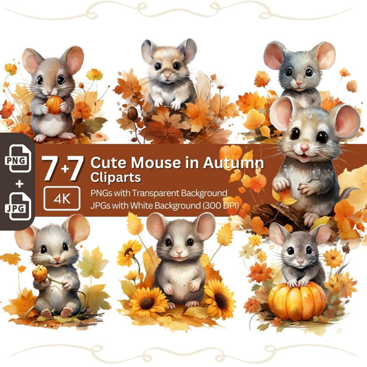 Cute Mouse in Autumn 7+7 PNG JPG Bundle Fall Animal Clipart - Everything Pixel