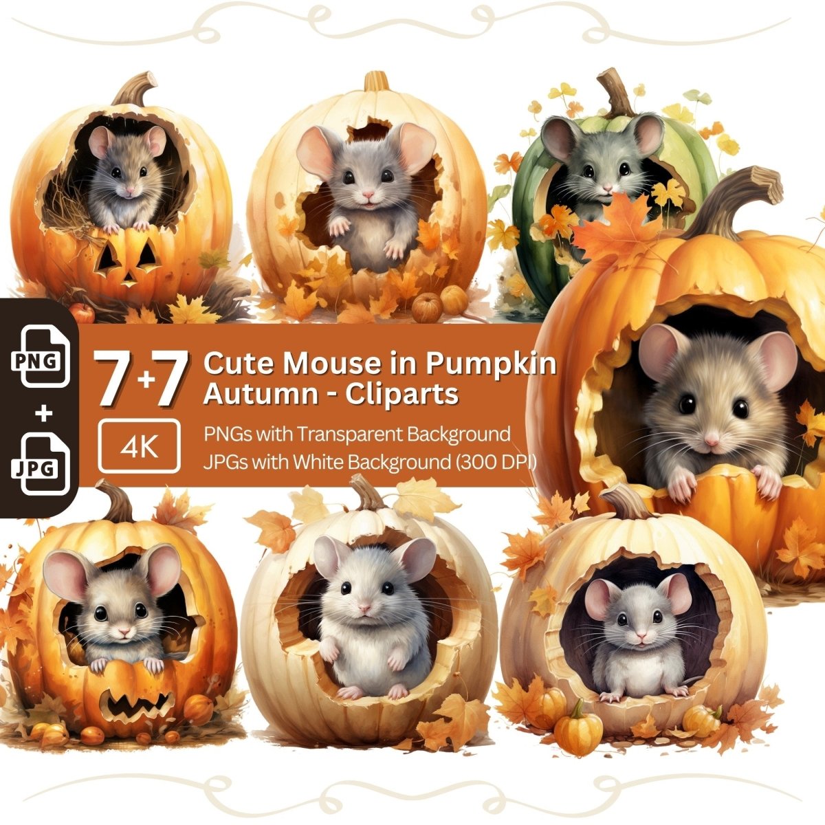 Cute Mouse inside Pumpkin 7+7 PNG JPG Bundle Halloween Animal Clipart - Everything Pixel