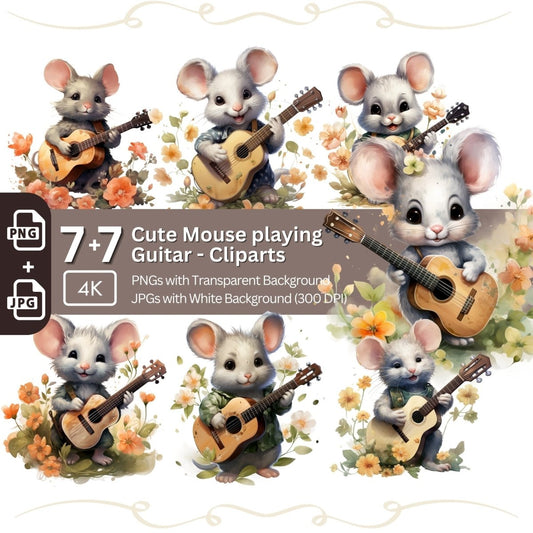 Cute Mouse playing Guitar 7+7 PNG JPG Bundle Musical Animal Clipart - Everything Pixel