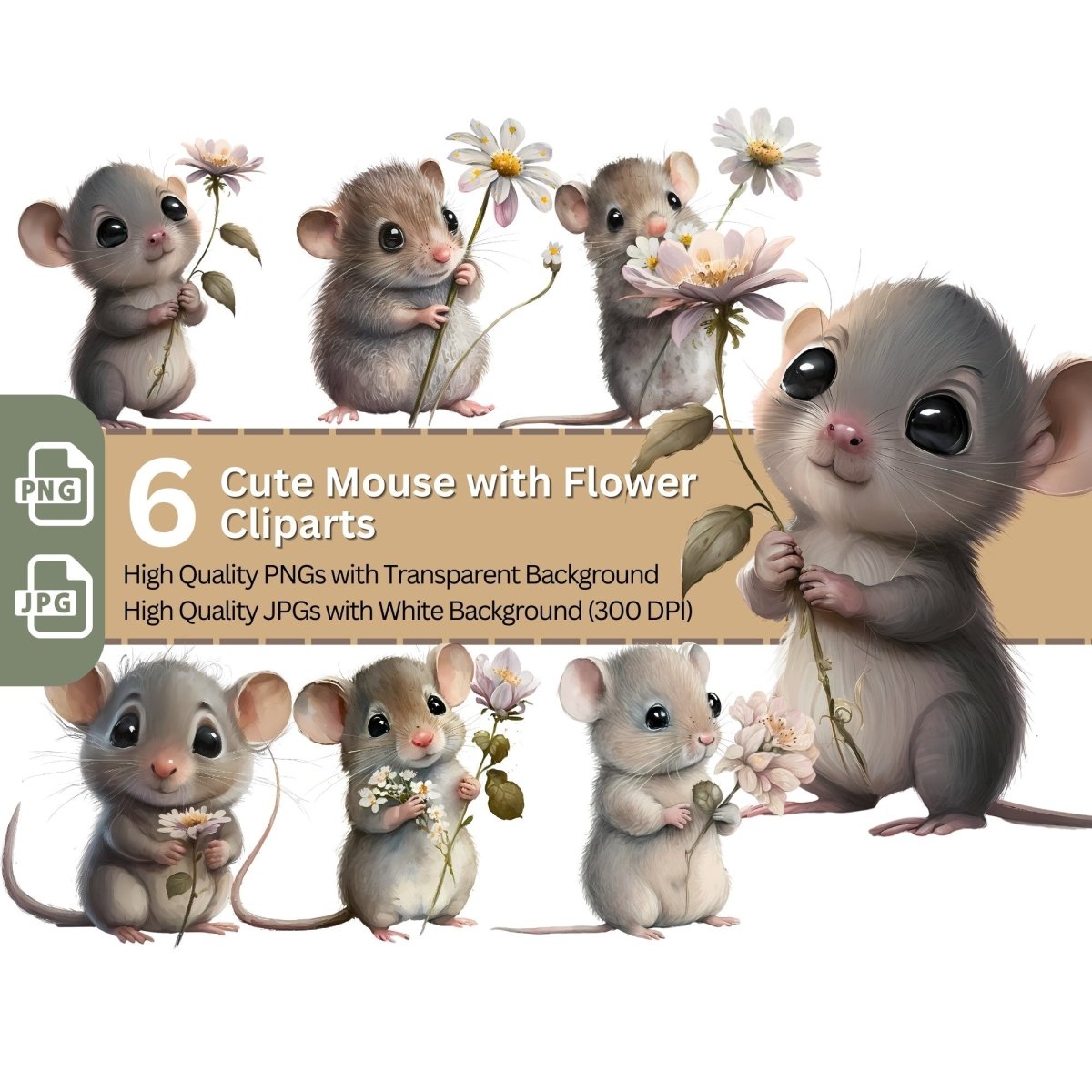 Cute Mouse with Flower Clipart 6+6 High Quality PNGs - Everything Pixel