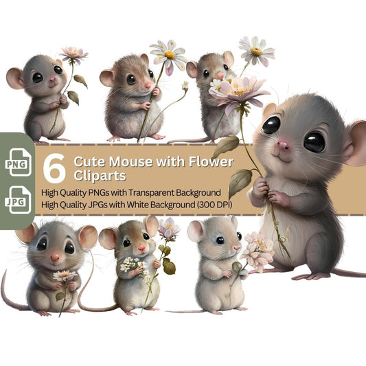 Cute Mouse with Flower Clipart 6+6 High Quality PNGs - Everything Pixel