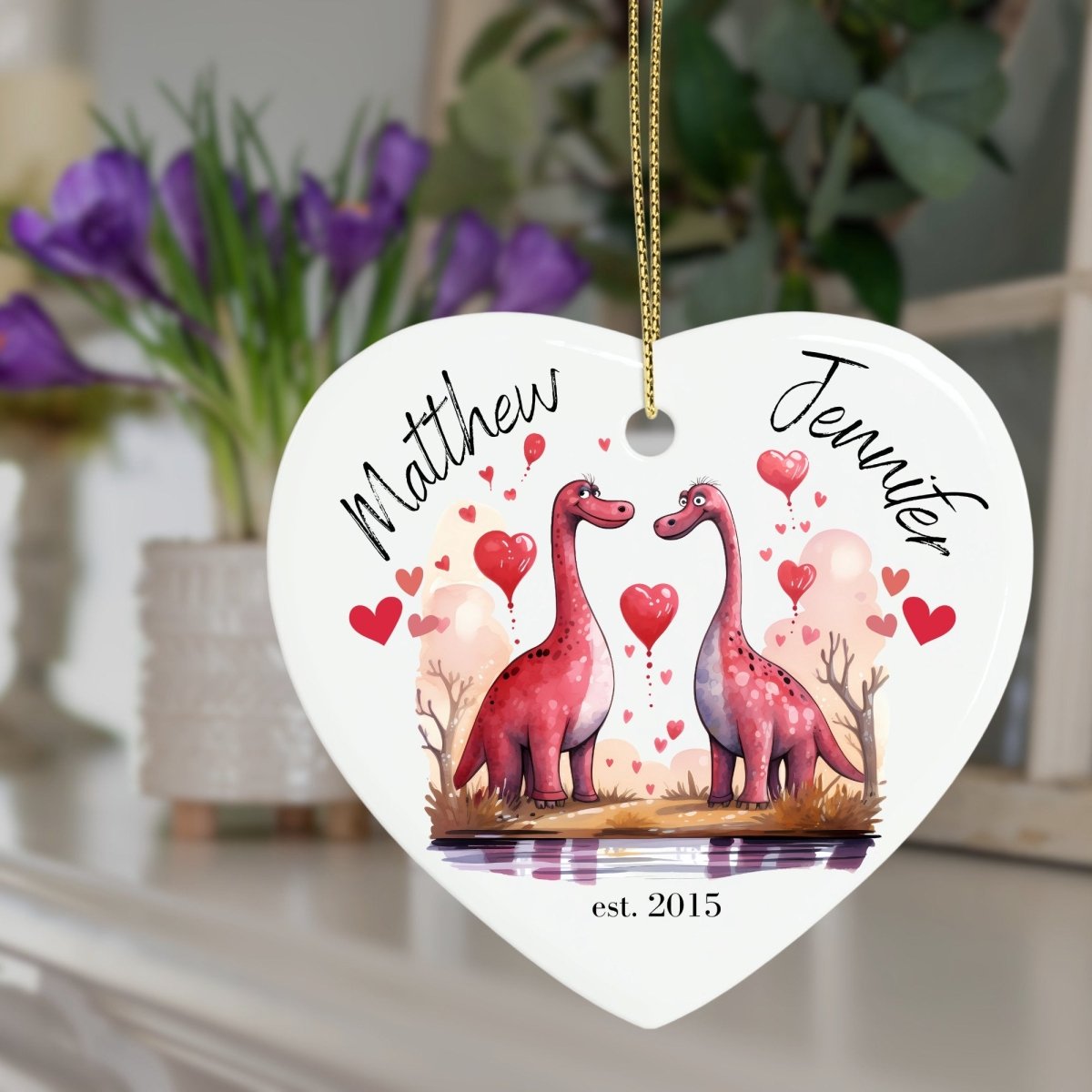 Cute personalised Dinosaur Couple Ornament Ceramic Heart Ornament Lovers Keepsake Valentines Day Gift Anniversary Gift Idea for Soulmates - Everything Pixel