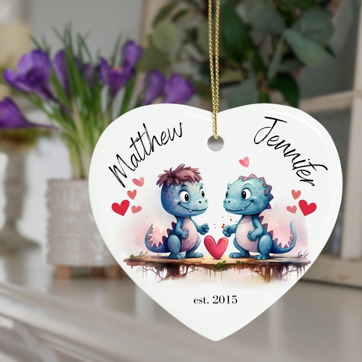 Cute personalised Dinosaur Couple Ornament Ceramic Heart Ornament Lovers Keepsake Valentines Day Gift Anniversary Gift Idea for Soulmates - Everything Pixel