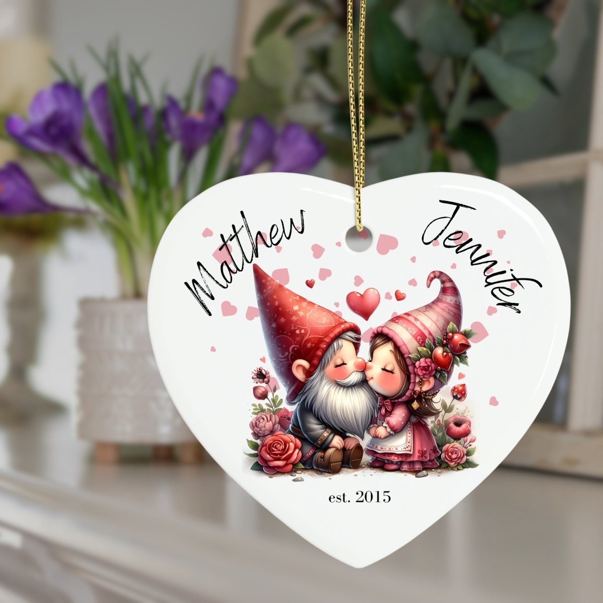 Cute personalised Gnome Couple Ornament Ceramic Heart Ornament Lovers Keepsake Valentines Day Gift Anniversary Gift Idea for Soulmates - Everything Pixel