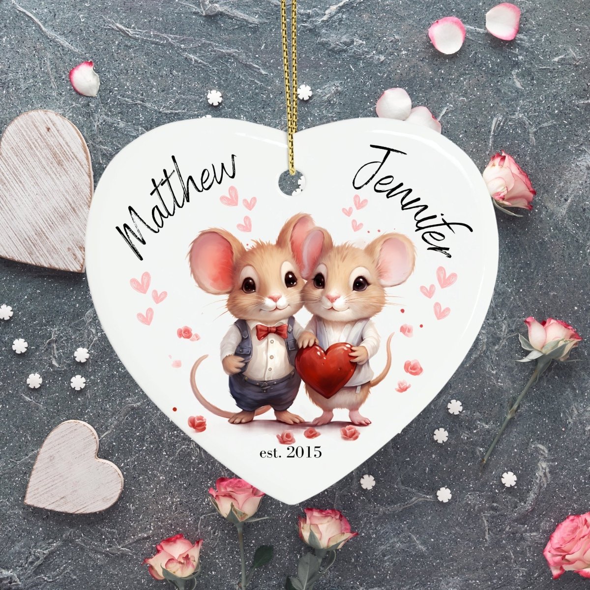 Cute personalised Mouse Couple Ornament Ceramic Heart Ornament Lovers Keepsake Valentines Day Gift Anniversary Gift Idea for Soulmates - Everything Pixel