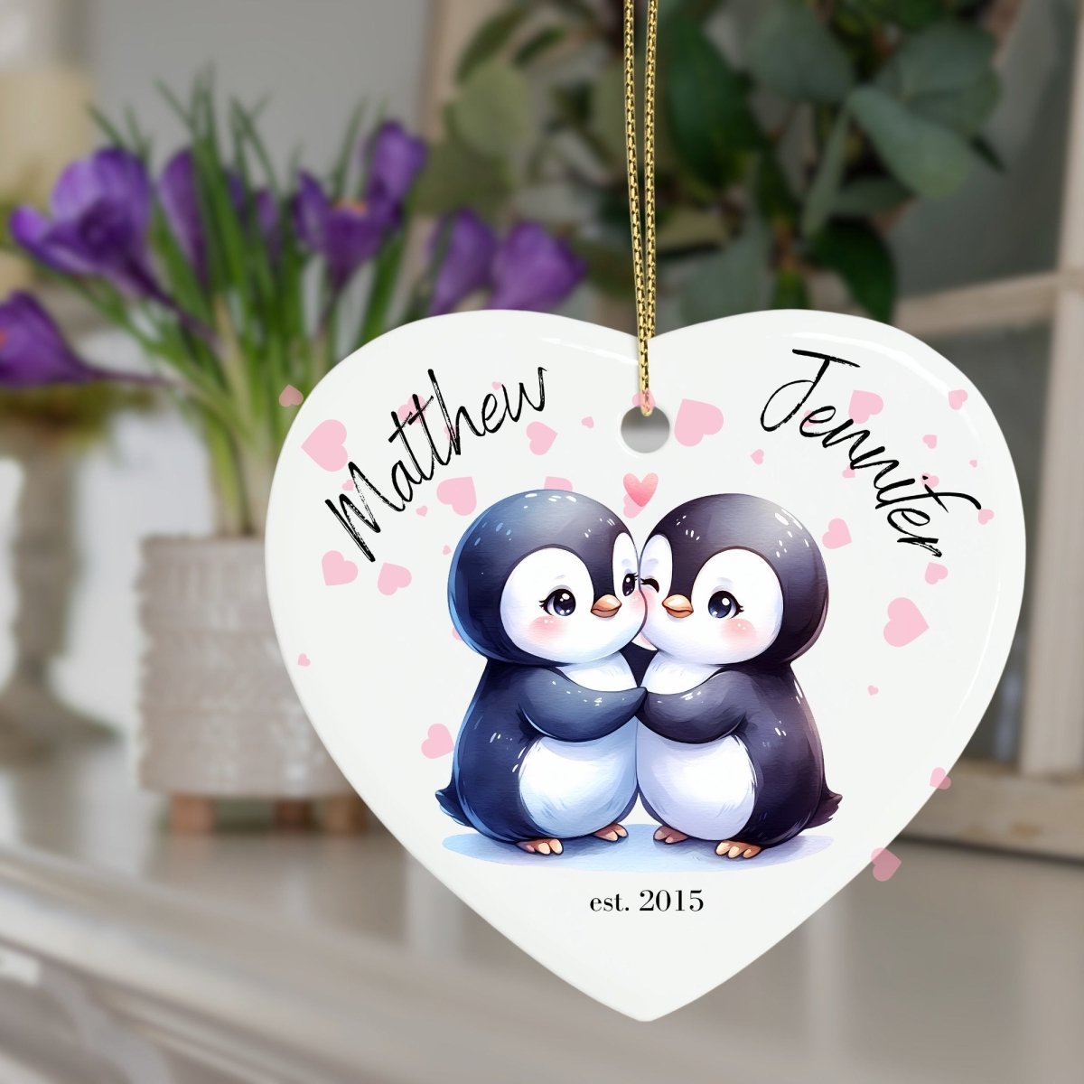 Cute personalised Penguin Couple Ornament Ceramic Heart Ornament Lovers Keepsake Valentines Day Gift Anniversary Gift Idea for Soulmates - Everything Pixel