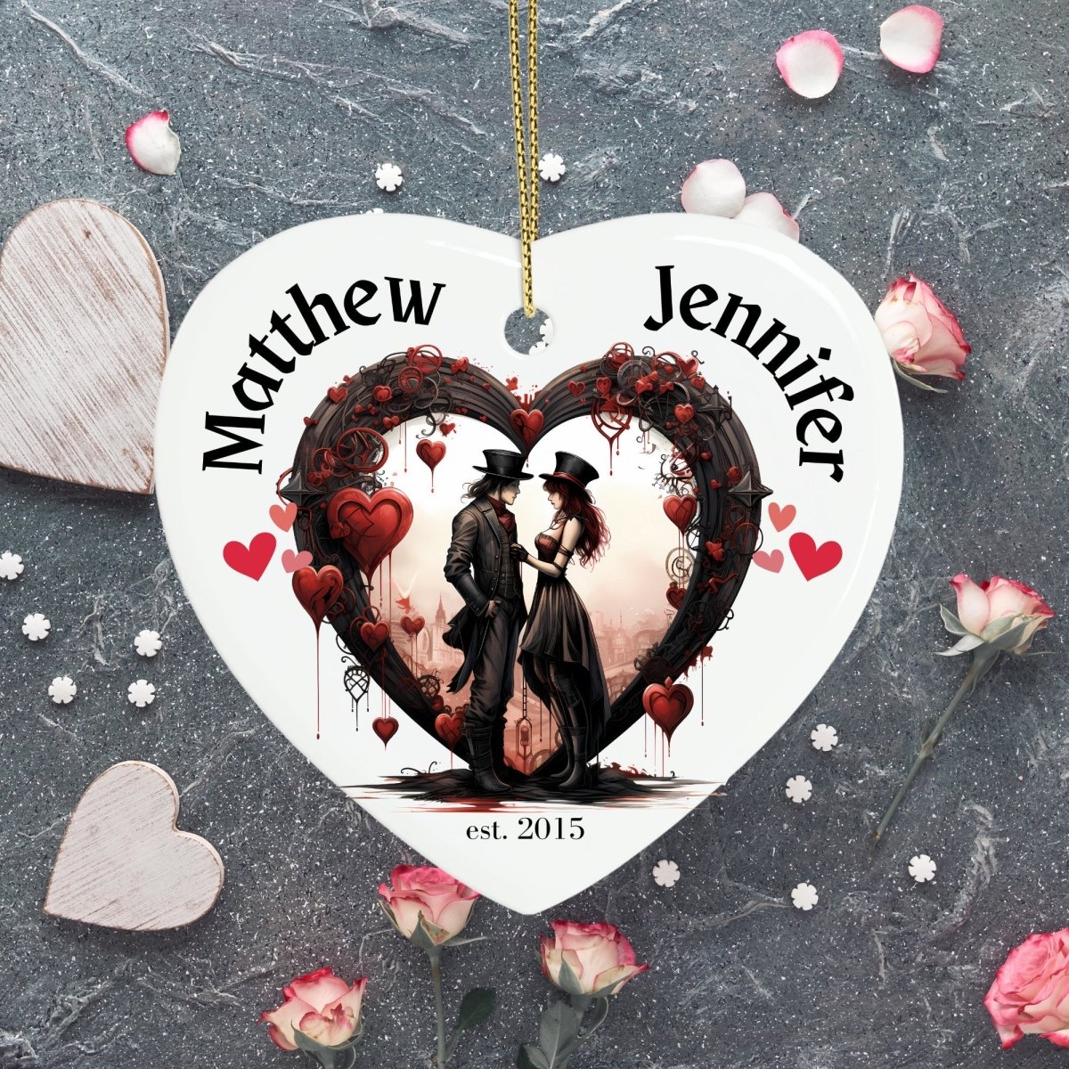 Cute personalised Steampunk Couple Ornament Ceramic Heart Ornament Lovers Keepsake Valentines Day Gift Anniversary Gift Idea for Soulmates - Everything Pixel