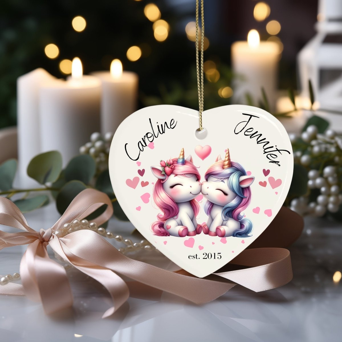 Cute personalised Unicorn Couple Ornament Ceramic Heart Ornament Lovers Keepsake Valentines Day Gift Anniversary Gift Idea for Soulmates - Everything Pixel