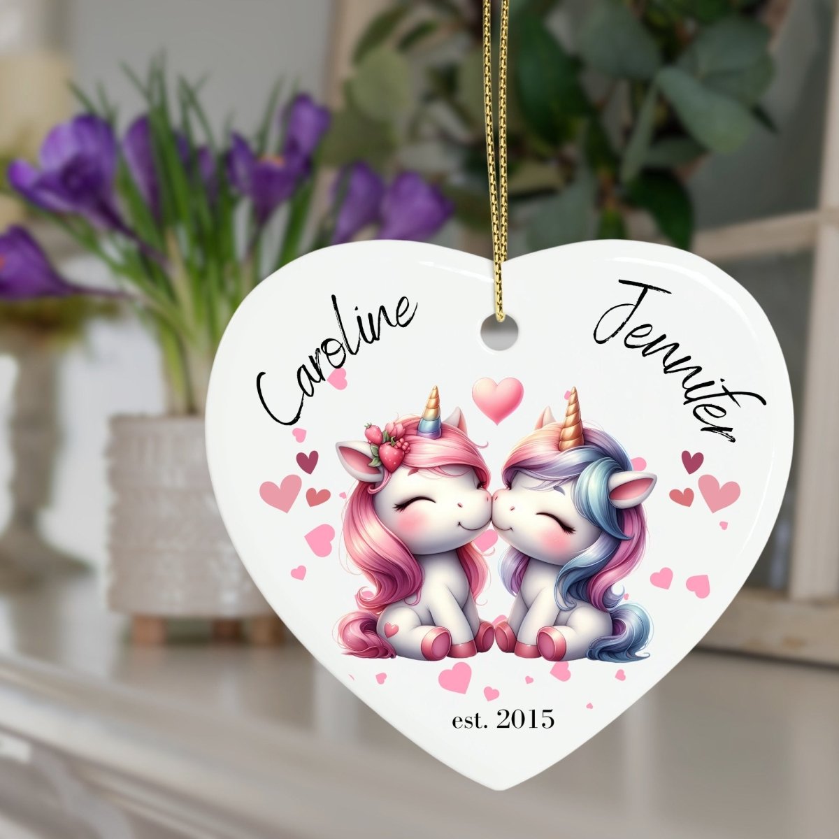 Cute personalised Unicorn Couple Ornament Ceramic Heart Ornament Lovers Keepsake Valentines Day Gift Anniversary Gift Idea for Soulmates - Everything Pixel