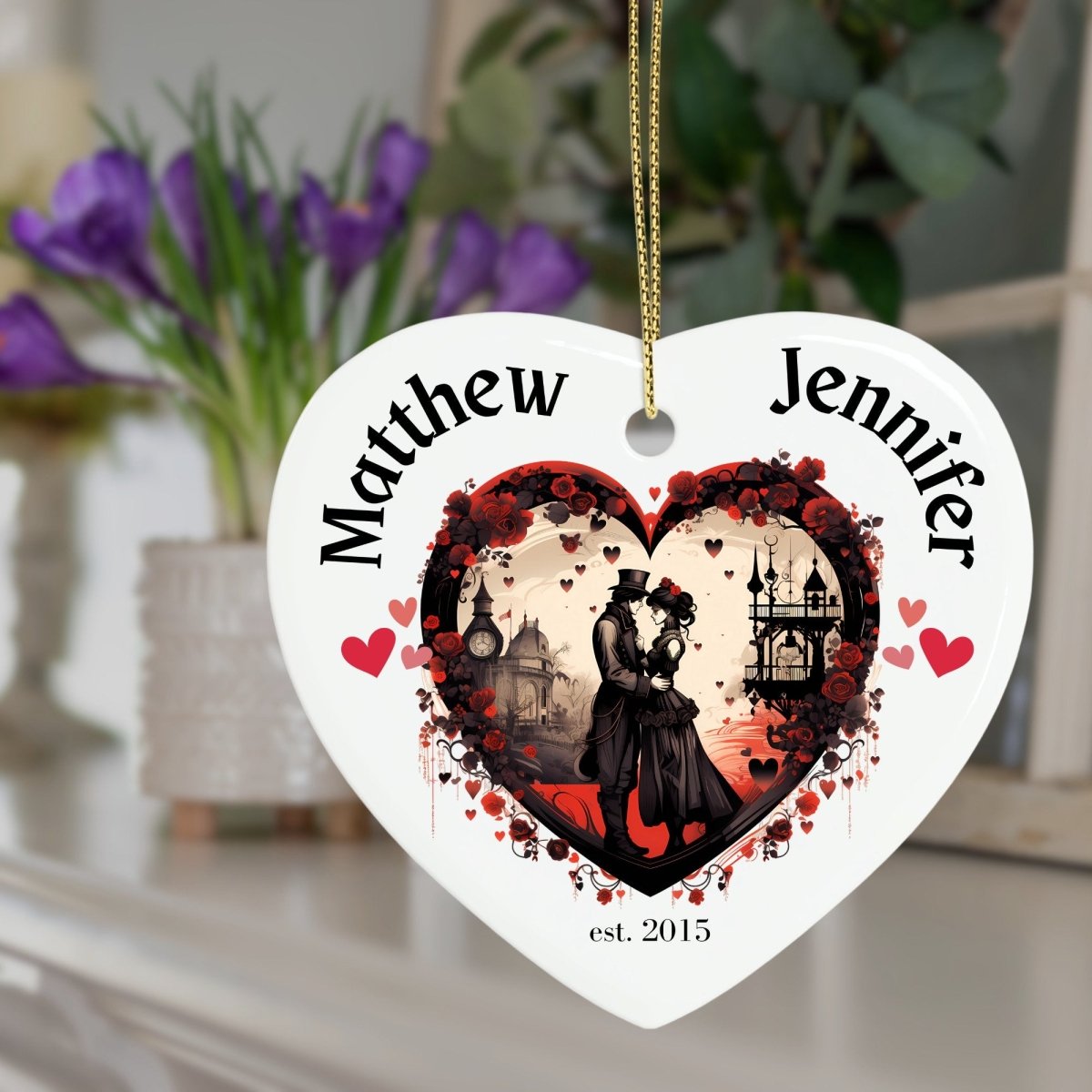 Cute personalised Victorian Couple Ornament Ceramic Heart Ornament Lovers Keepsake Valentines Day Gift Anniversary Gift Idea for Soulmates - Everything Pixel