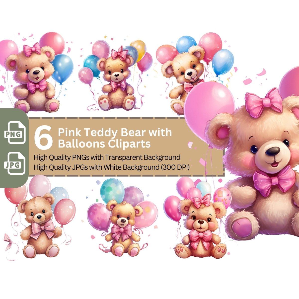 Cute Pink Teddy Bear with Balloons 6+6 PNG Clip Art Bundle for Birthday - Everything Pixel