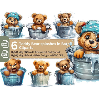 Cute Teddy Bear in Bath 6+6 PNG Clip Art Bundle - Everything Pixel