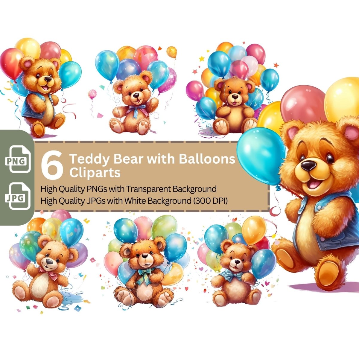Cute Teddy Bear with Balloons 6+6 PNG Clip Art Bundle for Birthday - Everything Pixel