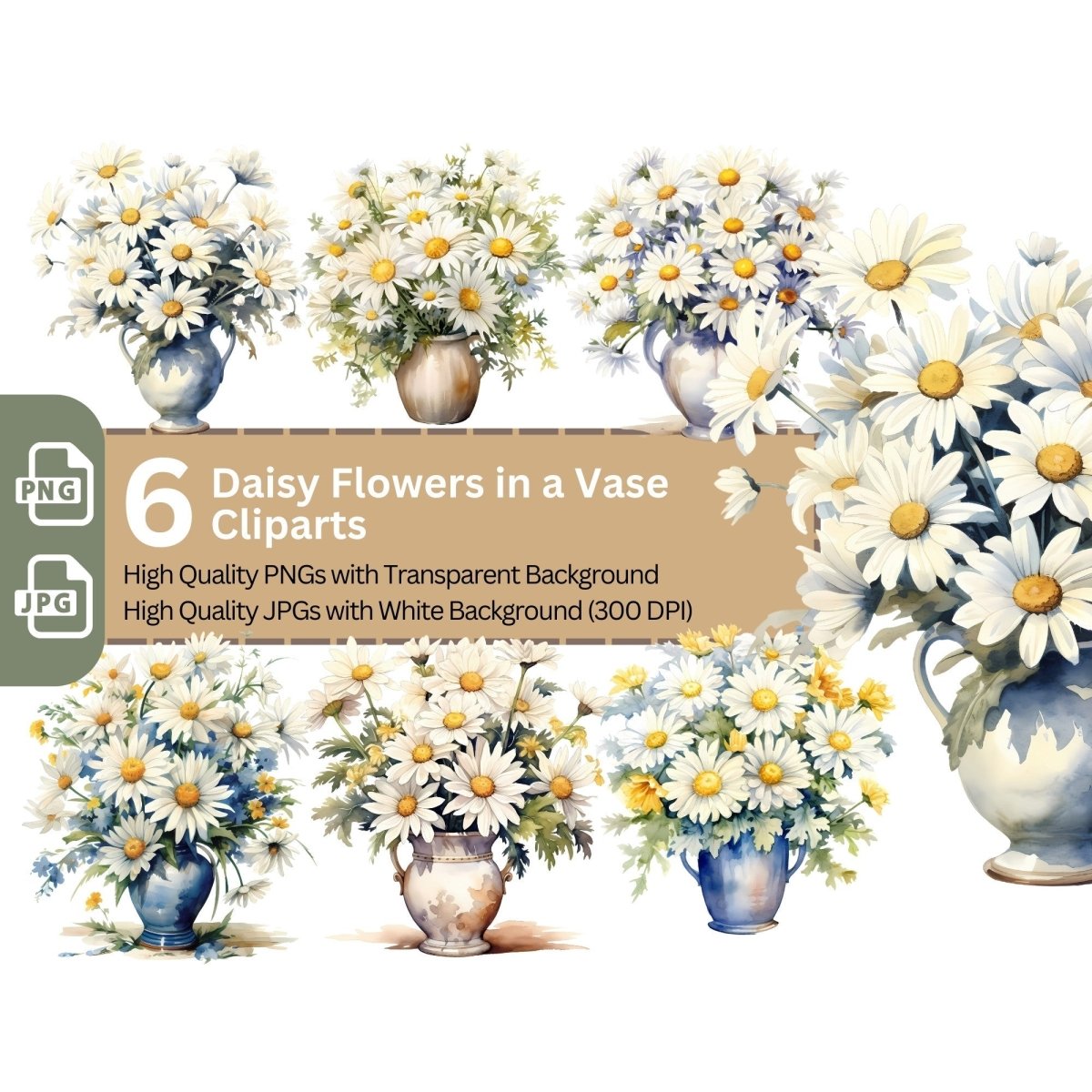 Daisies in Vase 6+6 PNG Clip Art Bundle - Everything Pixel