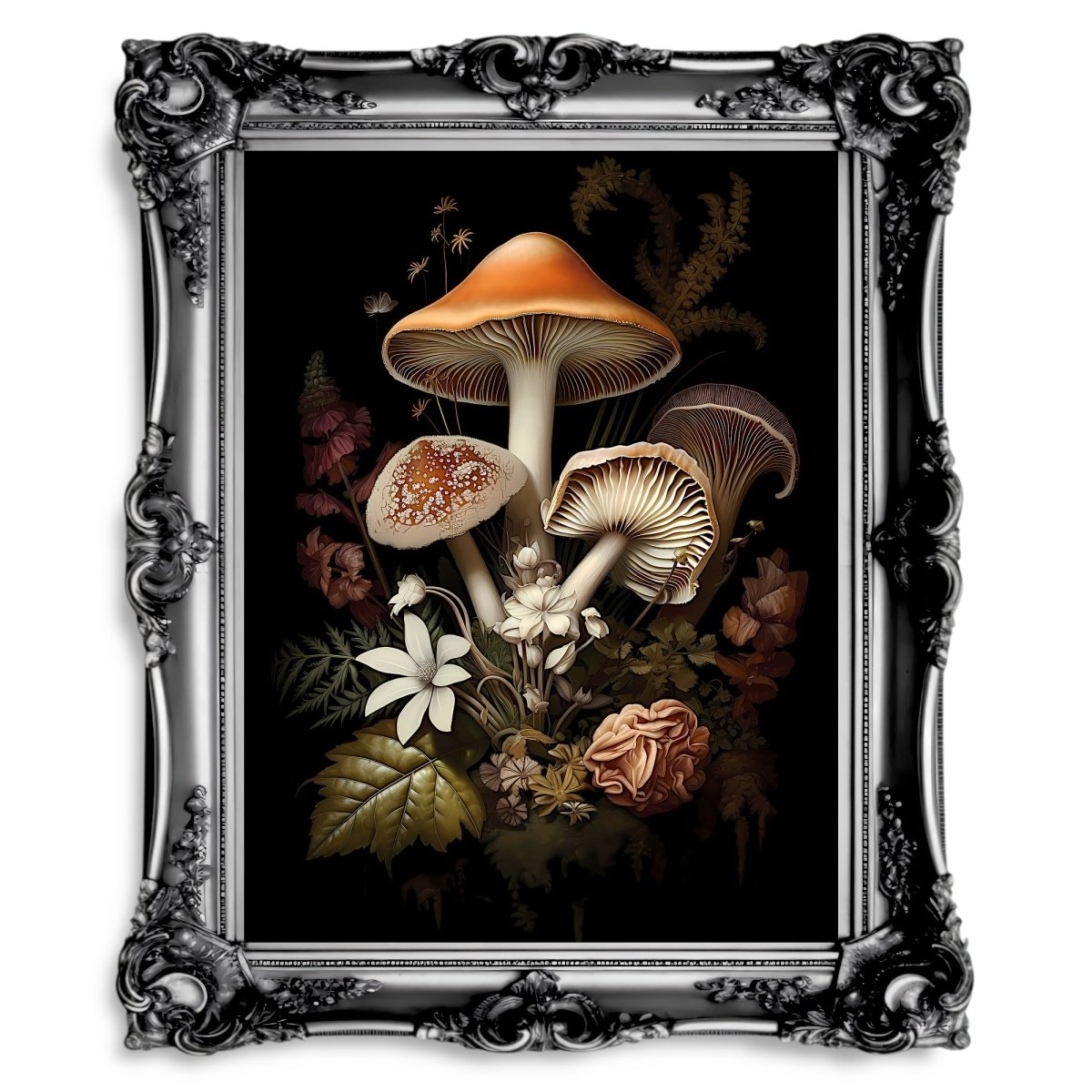 Dark Floral Mushrooms Dark Cottagecore Floral Print Nature - Paper Poster Print - Everything Pixel