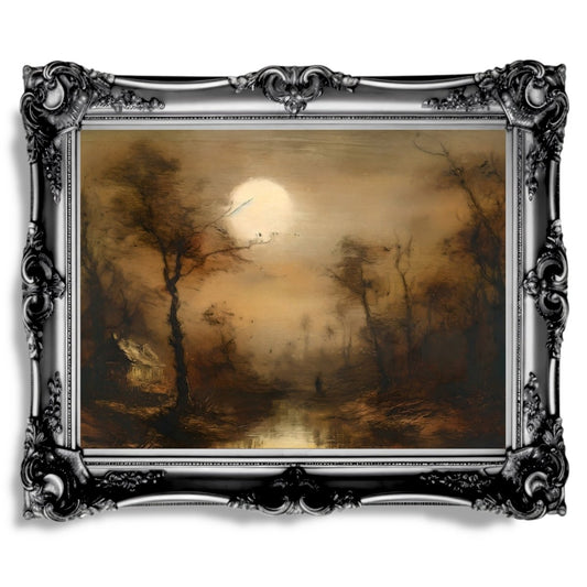 Dark Moody Creek in Woodland at Full Moon Wall Art Dark Academia Witchy Painting Gothic Earth Tones Artwork Vintage Decor - Everything Pixel